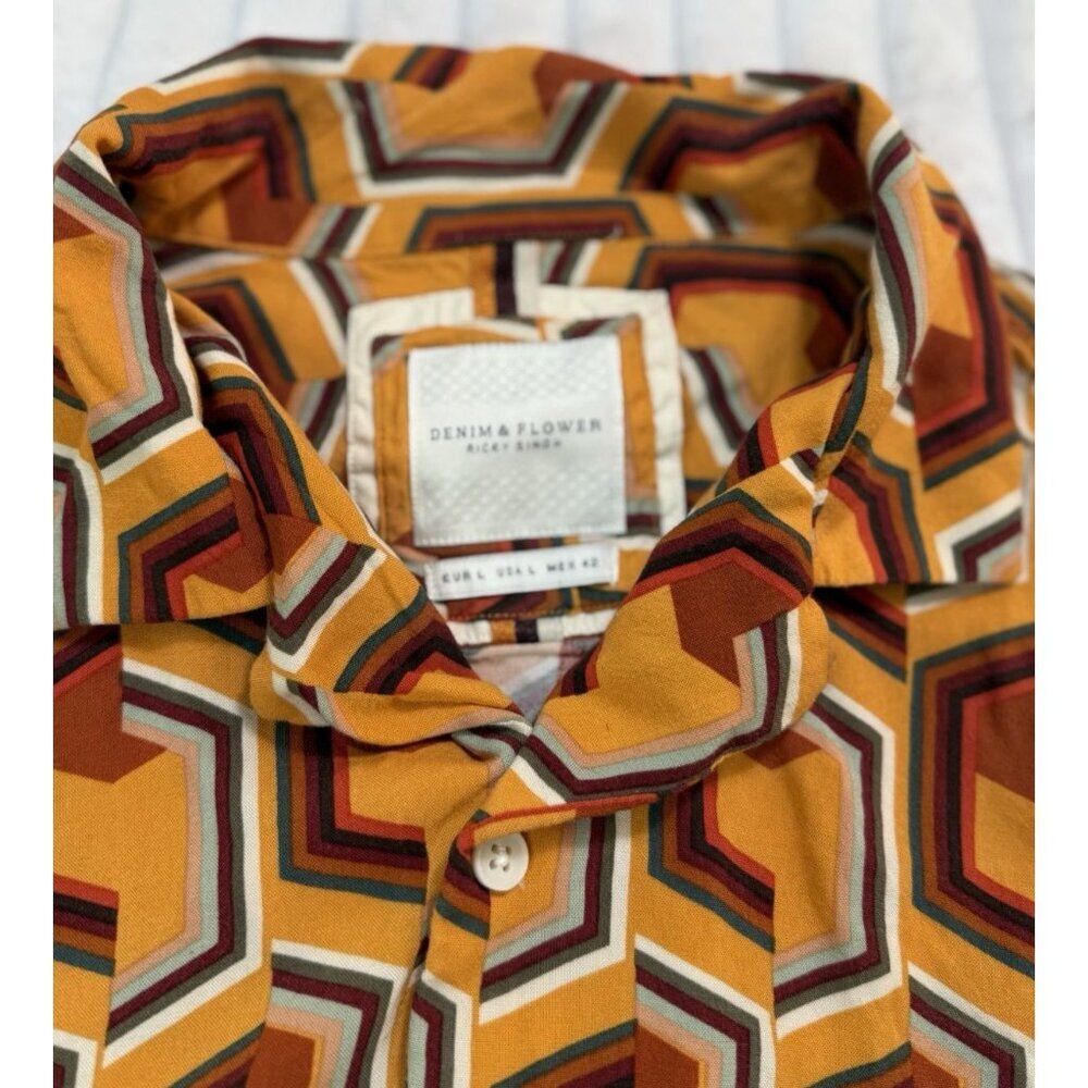 Denim & Flower Ricky Singh Orange Button-Up Hexagon Geometric Shirt SZ Large - Picture 5 of 13